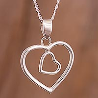 Silver heart necklace, 'You and Me' - Heart Shaped Fine Silver Pendant Necklace