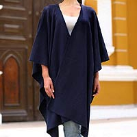 Alpaca blend ruana cloak, 'Navy Blue Chic' - Fair Trade Blend Solid Blue Wrap Ruana