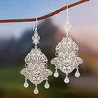 Silver chandelier earrings, 'Glorious' - Bridal Fine Silver Filigree Earrings