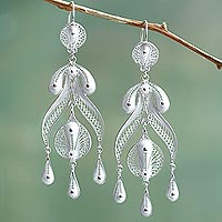 Silver chandelier earrings Filigree Teardrops Peru