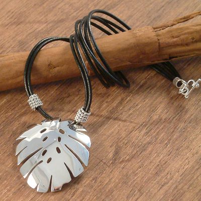 Sterling silver and leather pendant necklace, Tropical Leaf