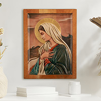 Cedar relief panel, 'Sweet Virgin Mary' - Christianity Wood Panel of the Virgin Mary with Bronze Leaf