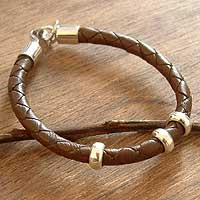 Men's leather bracelet, 'At Hand' - Men's Brown Leather Silver Bracelet from Peru