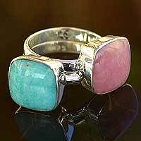 Rose quartz and amazonite solitaire rings,