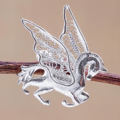Silver filigree brooch pin, 'Filigree Pegasus' - Hand Made Silver Filigree Brooch Pin