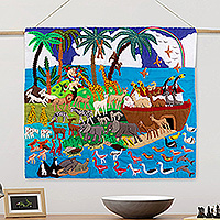 Applique wall hanging, 'Noah's Happy Venture' - Handcrafted Happy Multicolor Animals Wall Hanging