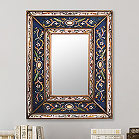 Reverse painted glass mirror, 'Cajamarca Frost' - Hand Made Floral Glass Wood Rectangle Mirror