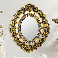 Reverse-painted glass wall mirror, 'Ebony Garden' - Hand Crafted Reverse Painted Glass Mirror