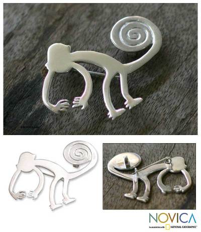 Silver brooch pin pendant, Playful Nazca Monkey