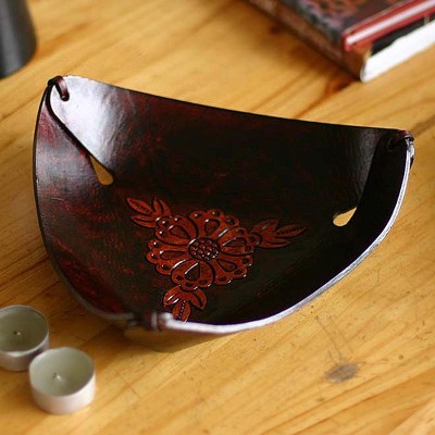 Leather catchall, 'Sunflower Charm' - Artisan Crafted Tooled Leather Catchall from Peru