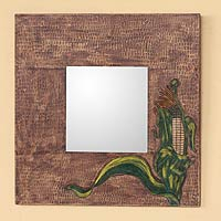 Leather mirror, 'Maize' - Leather mirror