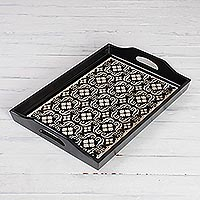 Reverse painted glass tray, 'Floral Muse' (17 inch) - Handmade Black Reverse Painted Glass Serving Tray