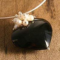 Pearl and obsidian heart necklace,
