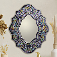 Reverse painted glass mirror, 'Spring Violets' - Wild Violets Reverse Painted Glass Wall Mirror