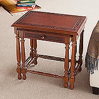 Wood and leather tables, 'Classic Duo' (pair) - Traditional Wood Nested Tables (Pair)