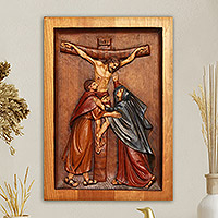Cedar relief panel, 'Jesus on the Cross' - Cedar relief panel