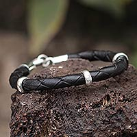 Men's leather braided bracelet, 'Bold Black' - Collectible Men's Leather and Silver Wristband Bracelet