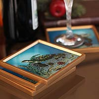 Painted glass coasters Sea Turtles set of 4 Peru