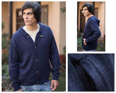 Men's alpaca hooded cardigan, 'Peruvian Blue' - Men's Alpaca Wool Blend Hooded Cardigan