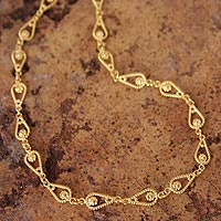 Gold plated chain necklace, 'Spiral Teardrops' - Handmade 21K Gold Plated Link Chain Necklace