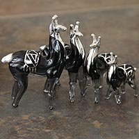 Blown glass with silver leaf figurines Silver Moche Llamas set of 4 Peru