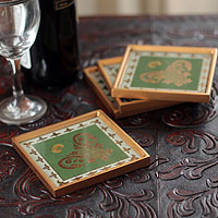 Painted glass coasters Colonial Jade set of 4 Peru