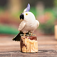 Calcite and garnet sculpture, 'Perky Cockatoo' - Gemstone Bird Sculpture Calcite Hand Carved in Peru