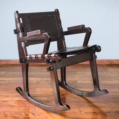 Mohena wood and leather rocking chair, Dark Colonial Country
