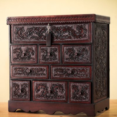 Mohena wood and leather jewelry box, Travel Chest