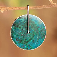Chrysocolla pendant, 'Magic Circle' - Handmade Modern Fine Silver Chrysocolla Pendant