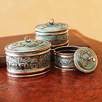 Bronze and copper boxes Andean Life set of 3 Peru