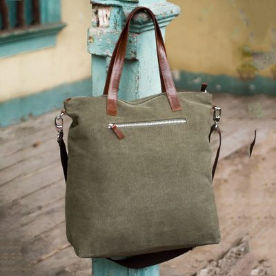 Cotton shoulder bag, 'Journey of Green' - Handcrafted Leather Accent Cotton Tote Handbag