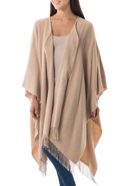 100% alpaca ruana, 'Lush Tan' - Alpaca Wool Solid Wrap Ruana