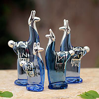 Blown glass silver leaf figurines Blue Llama Glamour set of 4 Peru