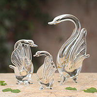 Blown glass silver leaf figurines Silver Swans of Love set of 3 Peru