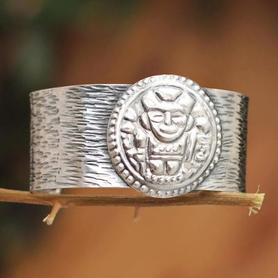 Sterling silver cuff bracelet, Moche Warrior