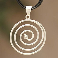 Sterling silver and leather pendant necklace, 'Andean Whirlwind' - Modern Leather and Sterling Silver Pendant Necklace