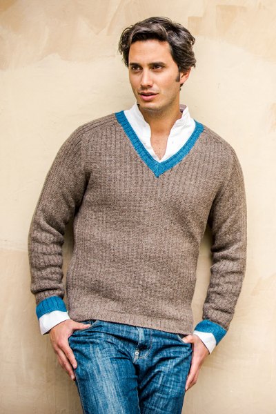 Men's alpaca blend sweater, 'Informal Brown' - Men's Alpaca Wool Blend Class V-Neck Sweater