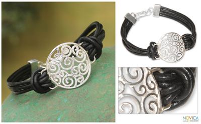 Sterling silver and leather cord bracelet, Moonbeams