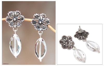 Quartz flower earrings, Silver Petals