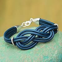 Sterling silver and leather wristband bracelet,