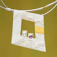 Gold accent aquamarine and amethyst pendant necklace,