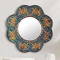 Reverse painted glass mirror, 'Blue Cajamarca Blossom' - Andean Reverse Painted Glass Blue Floral Wall Mirror
