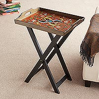 Reverse painted glass folding tray table, 'Scarlet Delight' - Handmade Reverse Painted Glass Wood Glass Folding Table