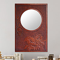 Leather mirror, 'Floral Awakening' - Leather mirror