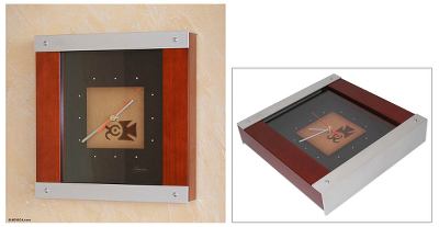 Wood and aluminum wall clock, 'Inca Bird' - Wood and aluminum wall clock