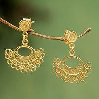 Gold plated filigree dangle earrings,