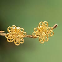 Gold plated filigree flower earrings, 'Andean Blossom' - Handmade Floral Gold Plated Filigree Flower Earrings