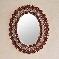 Reverse painted glass mirror, 'Red Floral Halo' - Reverse Painted Glass Mirror