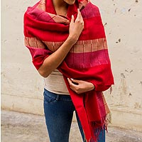 100% alpaca shawl, 'Red Rose of Tarma' - Woven 100% Alpaca Shawl in Red and Fuchsia